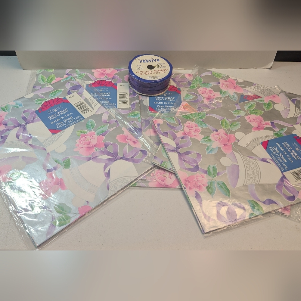 5 New Packages of Gift Wrap Wedding Bells Theme with one roll of ribbon.